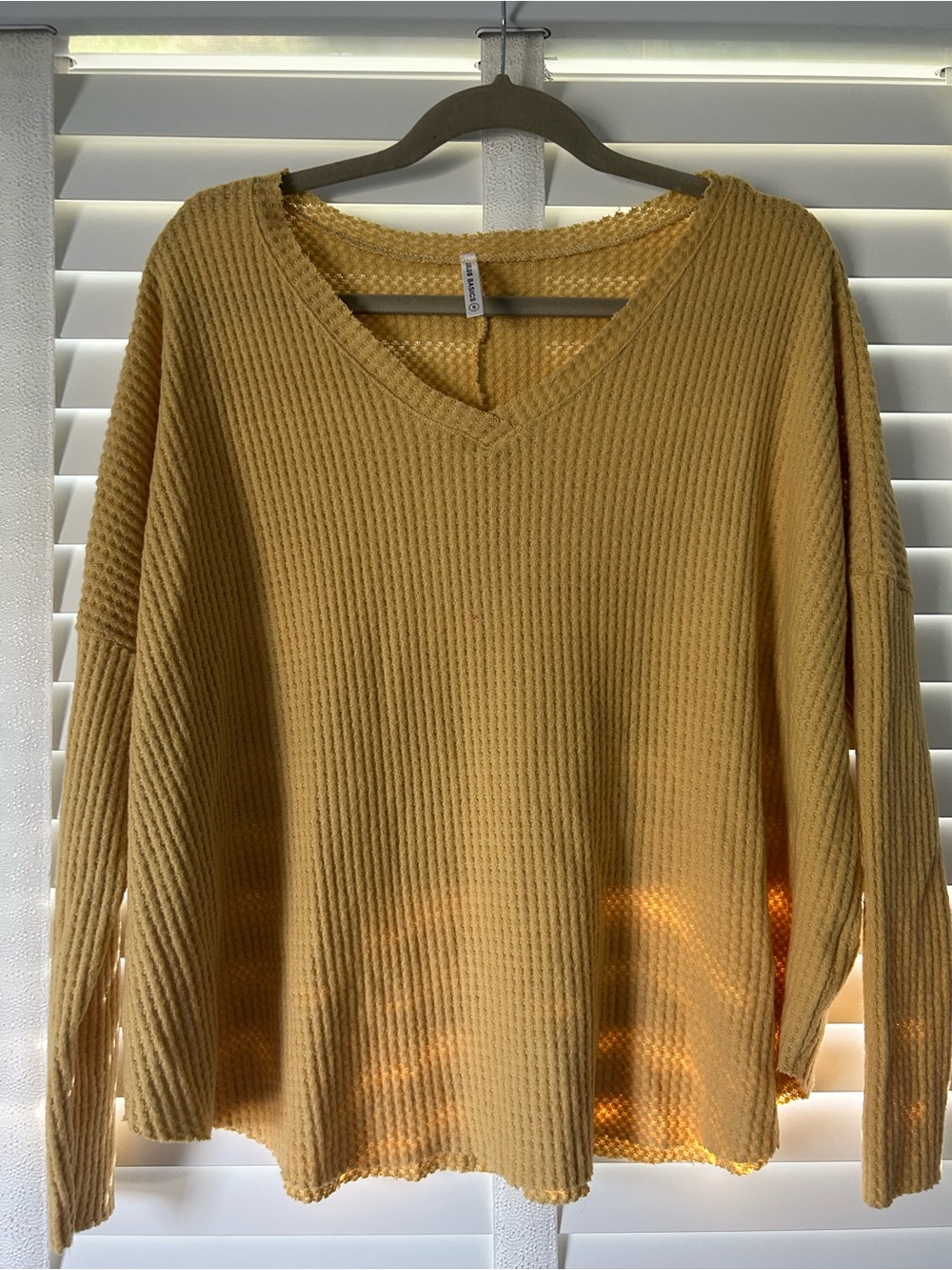 Lulus Top Waffle Knit Long Sleeve Yellow Mustard Small